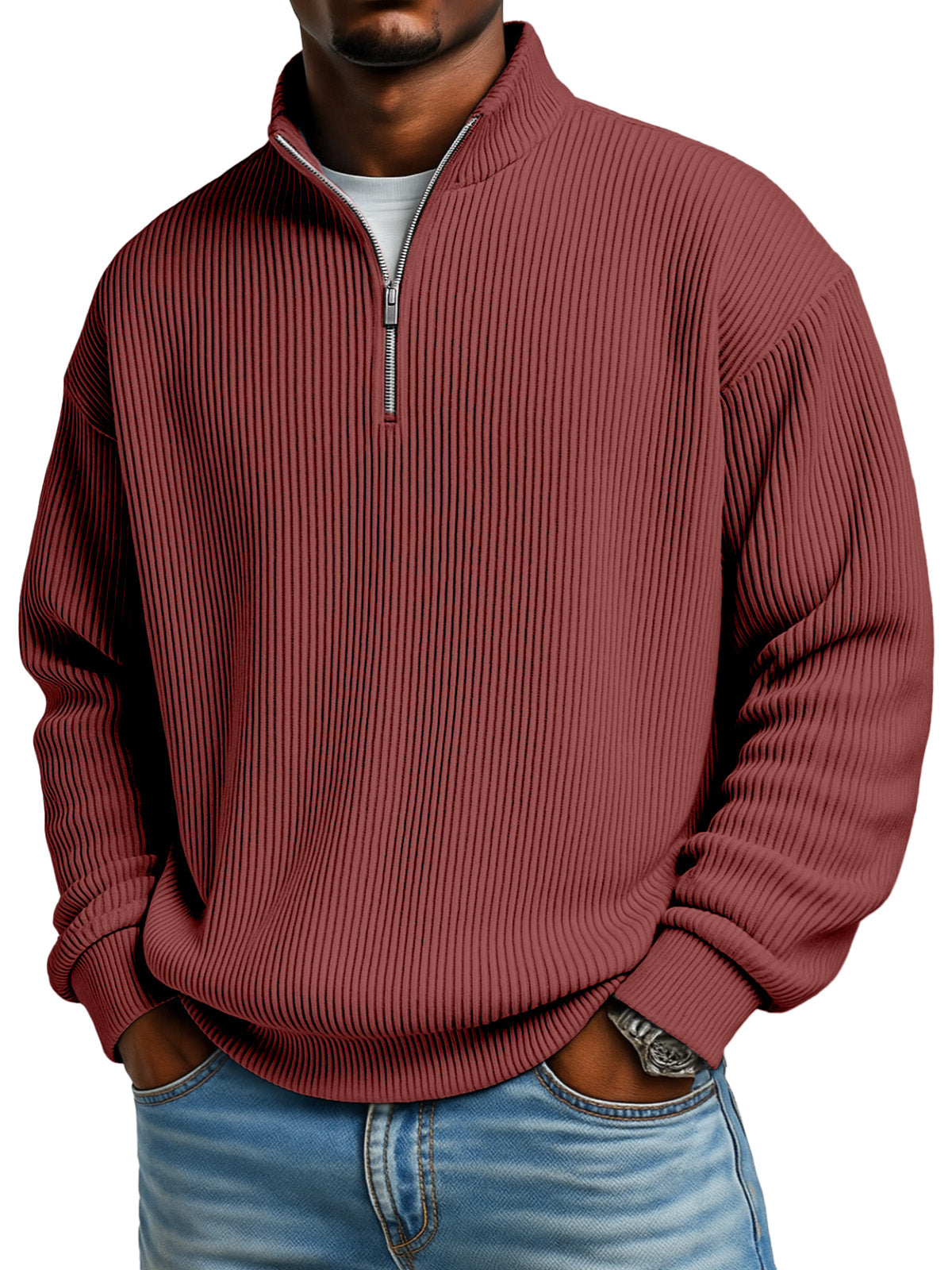 Men's Solid Color Vertical Pit Texture Stand Collar Zipper Long Sleeve Sweater
