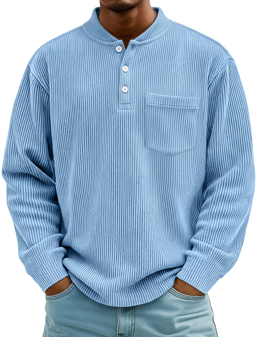 Men's Fashion Ridge Stand Collar Button Casual Pocket Henley Shirt