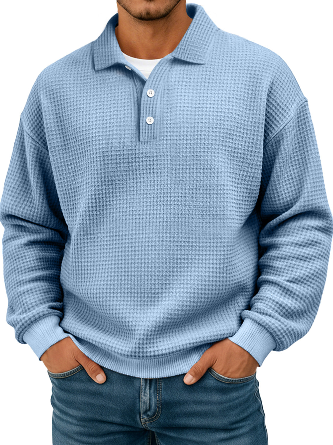 Black Friday Early Sale - Simple waffle texture lapel button casual long-sleeved POLO shirt