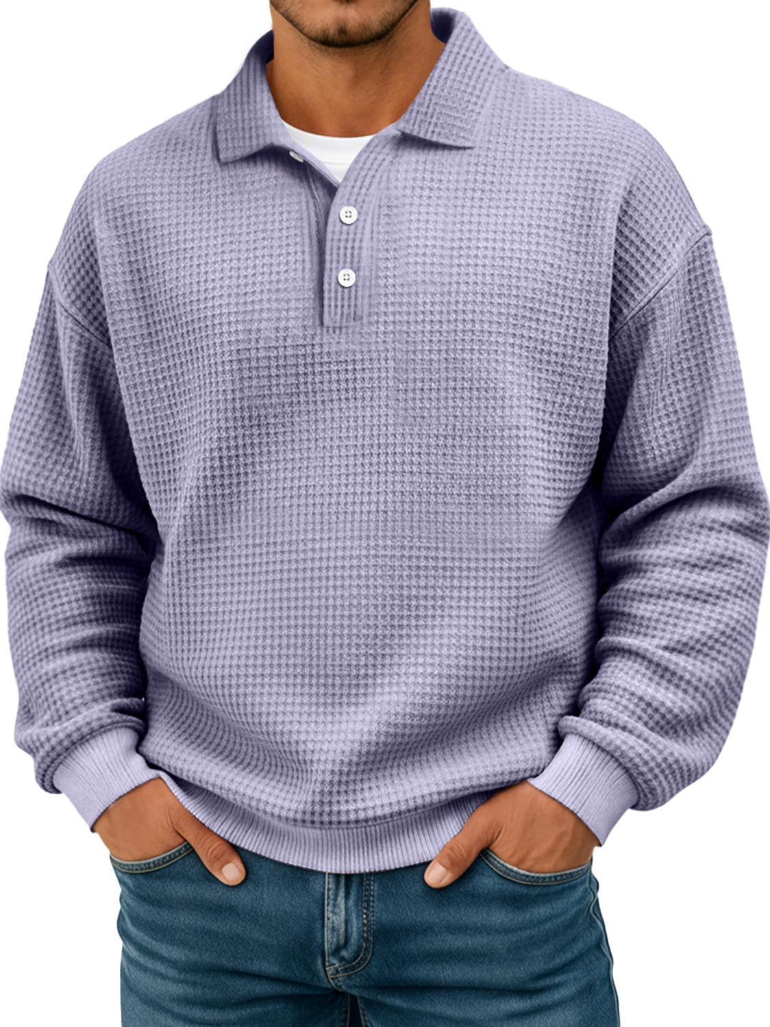 Black Friday Early Sale - Simple waffle texture lapel button casual long-sleeved POLO shirt