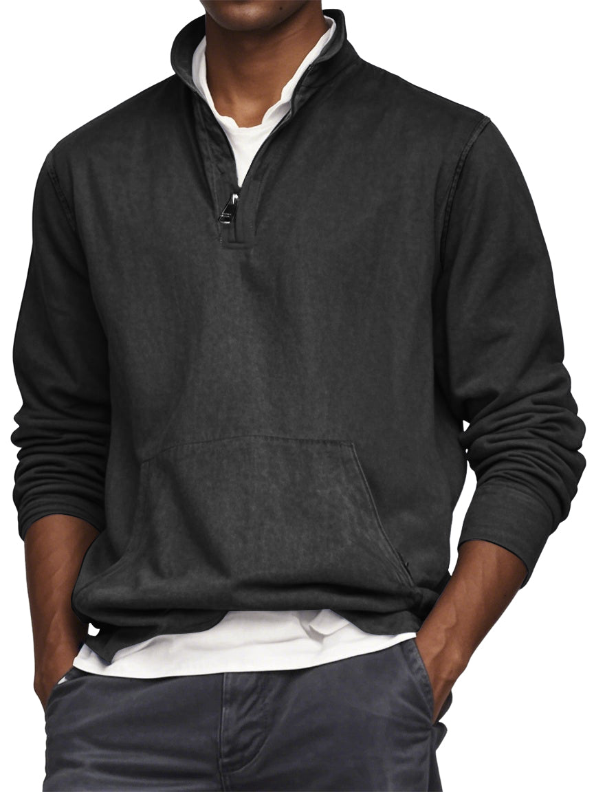 Men's Quarter Zip Pocket Washed Distressed Vintage Long Sleeve T-shirt