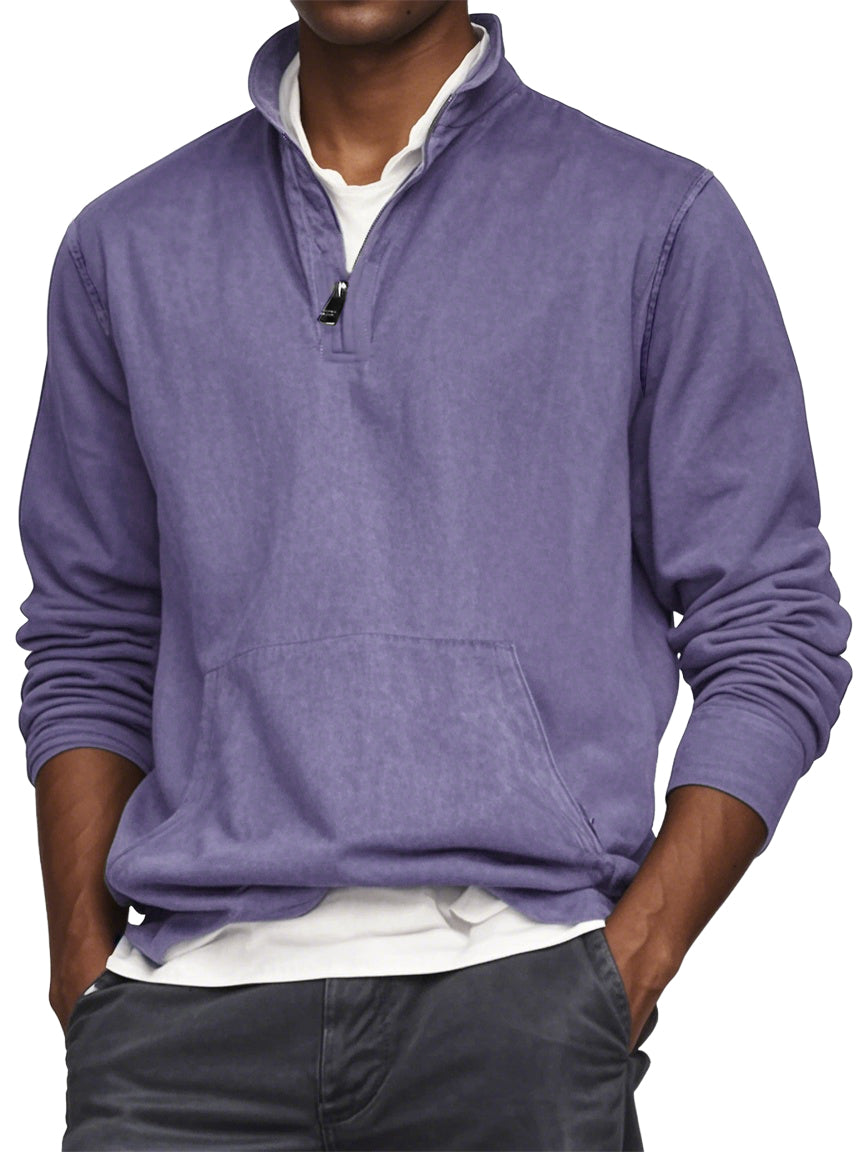 Men's Quarter Zip Pocket Washed Distressed Vintage Long Sleeve T-shirt