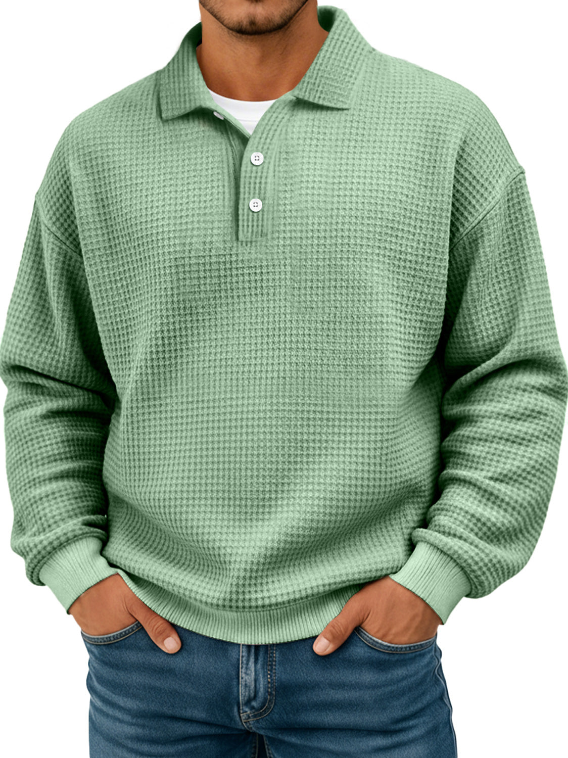 Black Friday Early Sale - Simple waffle texture lapel button casual long-sleeved POLO shirt