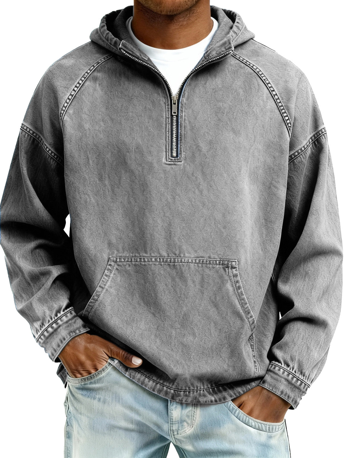 Limited-Time Deal: Save 50% Today!Men's Retro Fashion Distressed Raglan Sleeve Pocket Hooded Sweatshirt