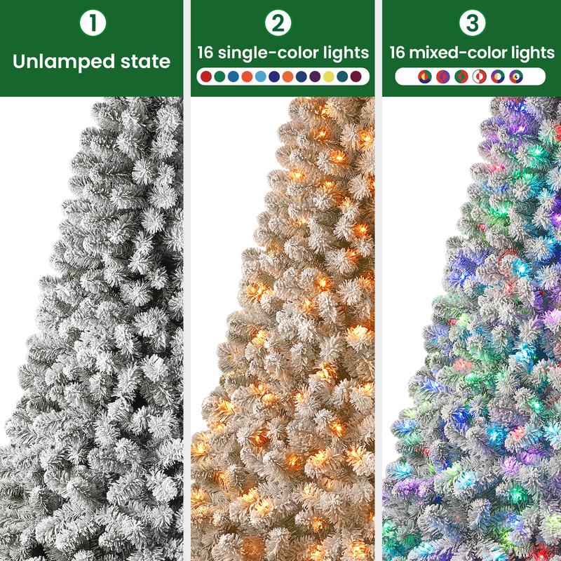 4/5/6/7.5/9FT 2025 Pre-Lit Snow Flocked Christmas Tree with Remote Control, Deluxe Hinged Design