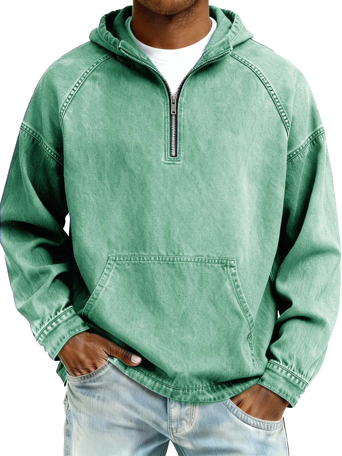 Limited-Time Deal: Save 50% Today!Men's Retro Fashion Distressed Raglan Sleeve Pocket Hooded Sweatshirt
