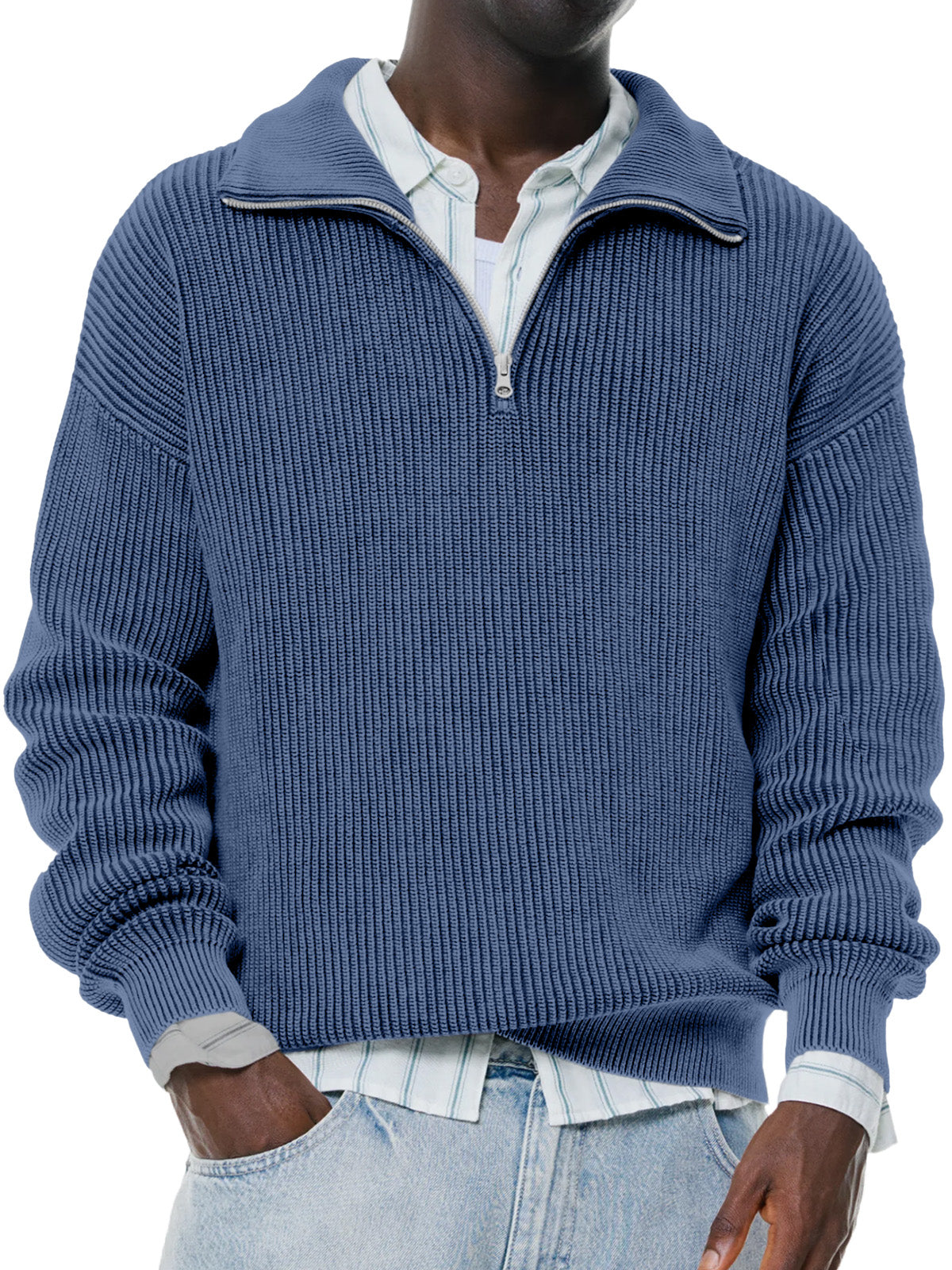 Men's Daily Casual Solid Color Knitted Stand Collar Zipper Pullover Sweater