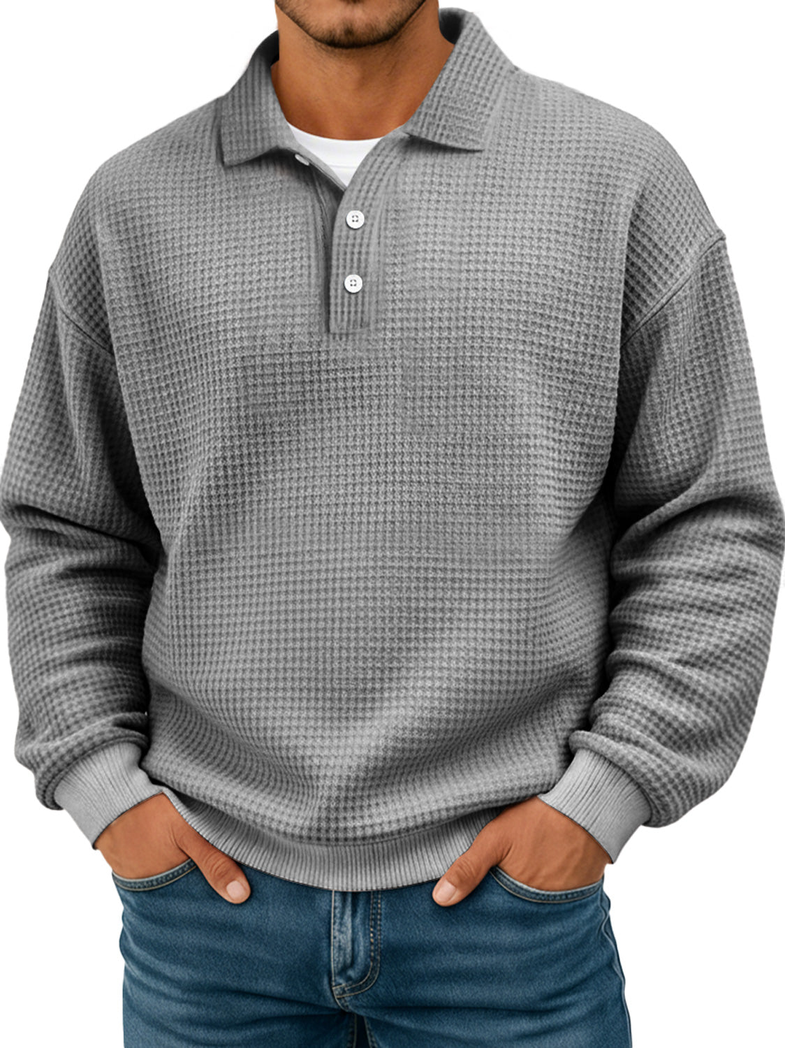 Black Friday Early Sale - Simple waffle texture lapel button casual long-sleeved POLO shirt