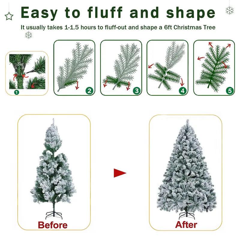 4/5/6/7.5/9FT 2025 Pre-Lit Snow Flocked Christmas Tree with Remote Control, Deluxe Hinged Design