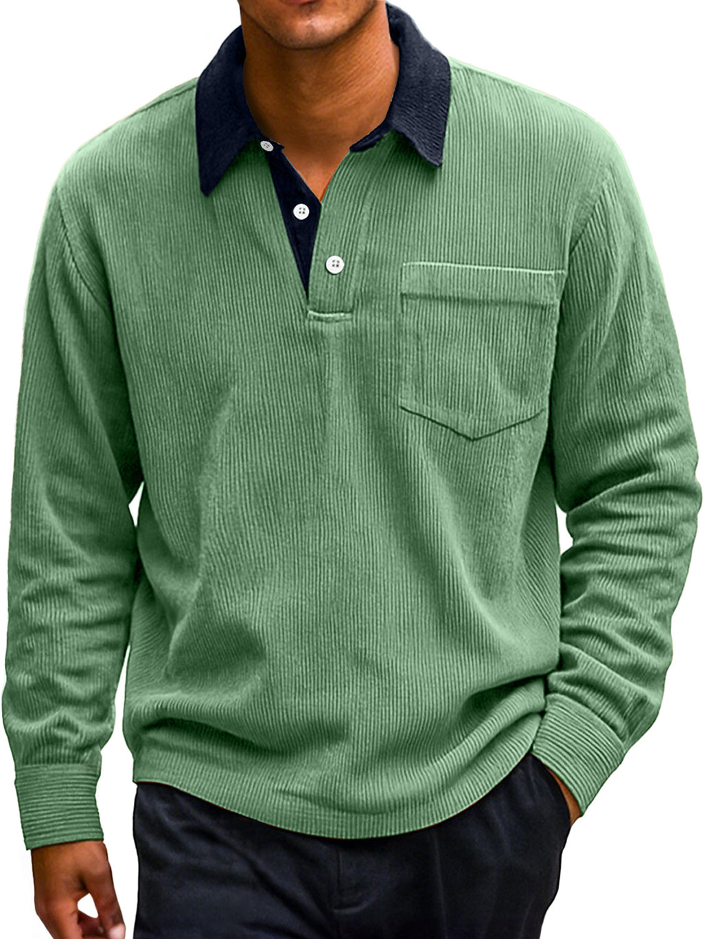Men's Retro Corduroy Lapel Colorblock Casual Long-sleeved Polo Shirt
