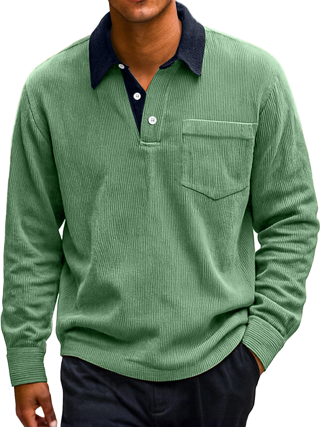 Men's Retro Corduroy Lapel Colorblock Casual Long-sleeved Polo Shirt