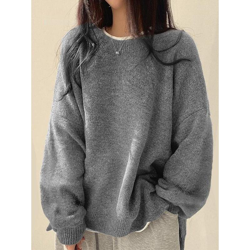 Women's Drop Shoulder Split Hem Sweater, Chic Casual Long Sleeve Round Neck Jumper