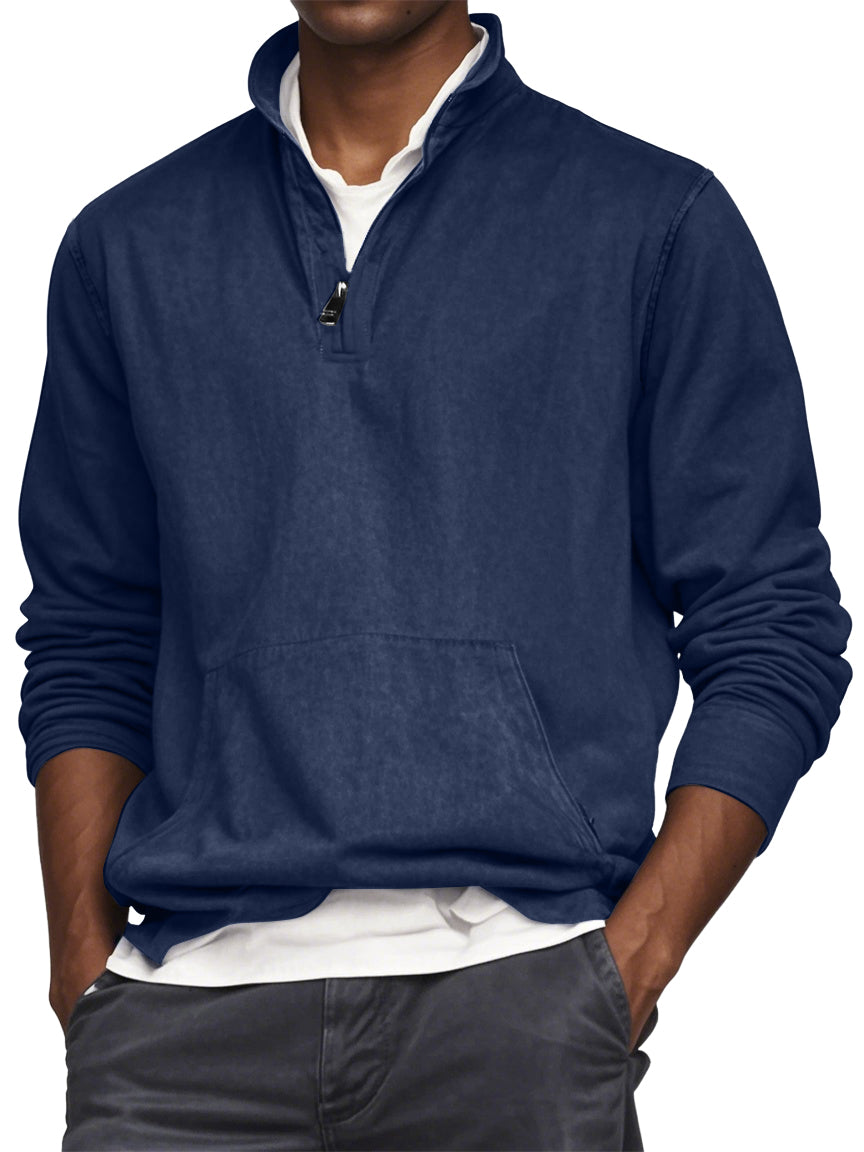 Men's Quarter Zip Pocket Washed Distressed Vintage Long Sleeve T-shirt