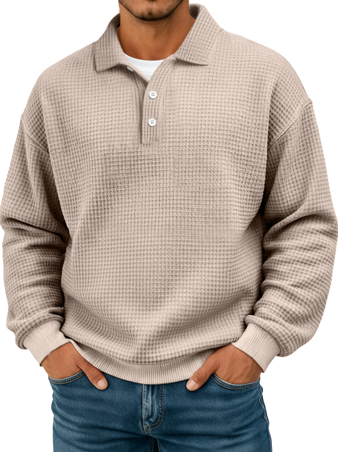 Black Friday Early Sale - Simple waffle texture lapel button casual long-sleeved POLO shirt