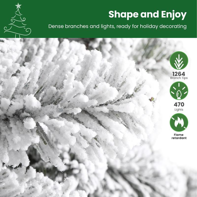 4/5/6/7.5/9FT 2025 Pre-Lit Snow Flocked Christmas Tree with Remote Control, Deluxe Hinged Design