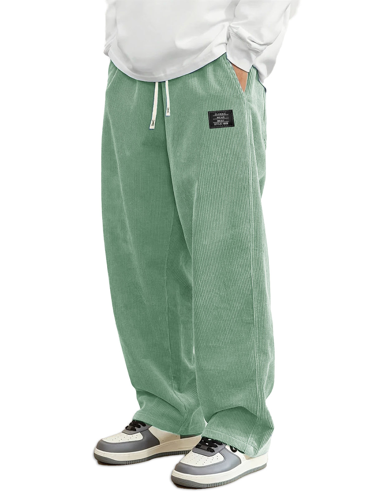 Men's Daily Casual Pit Strip Corduroy Fabric Embroidery Logo Tether Loose Elastic Waist Pocket Pants