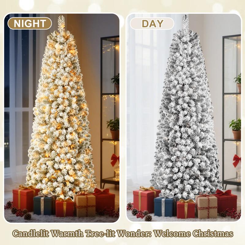 4/ 5/ 6/ 7.5/ 9FT Pre-lit Snow Flocked Slim Christmas Tree Snow Flocked Branches, Ideal Pencil Tree Decoration
