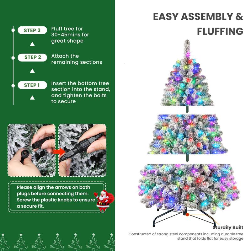 4/5/6/7.5/9FT 2025 Pre-Lit Snow Flocked Christmas Tree with Remote Control, Deluxe Hinged Design
