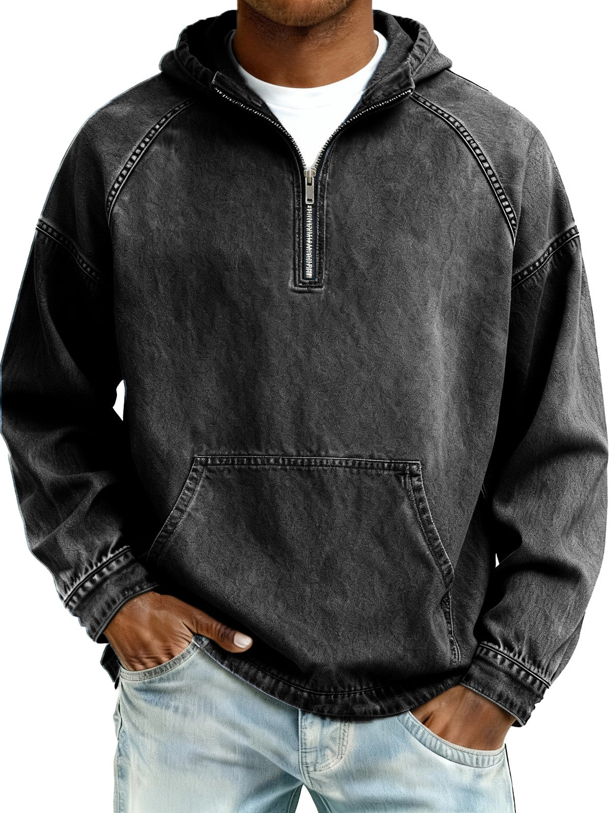 Limited-Time Deal: Save 50% Today!Men's Retro Fashion Distressed Raglan Sleeve Pocket Hooded Sweatshirt