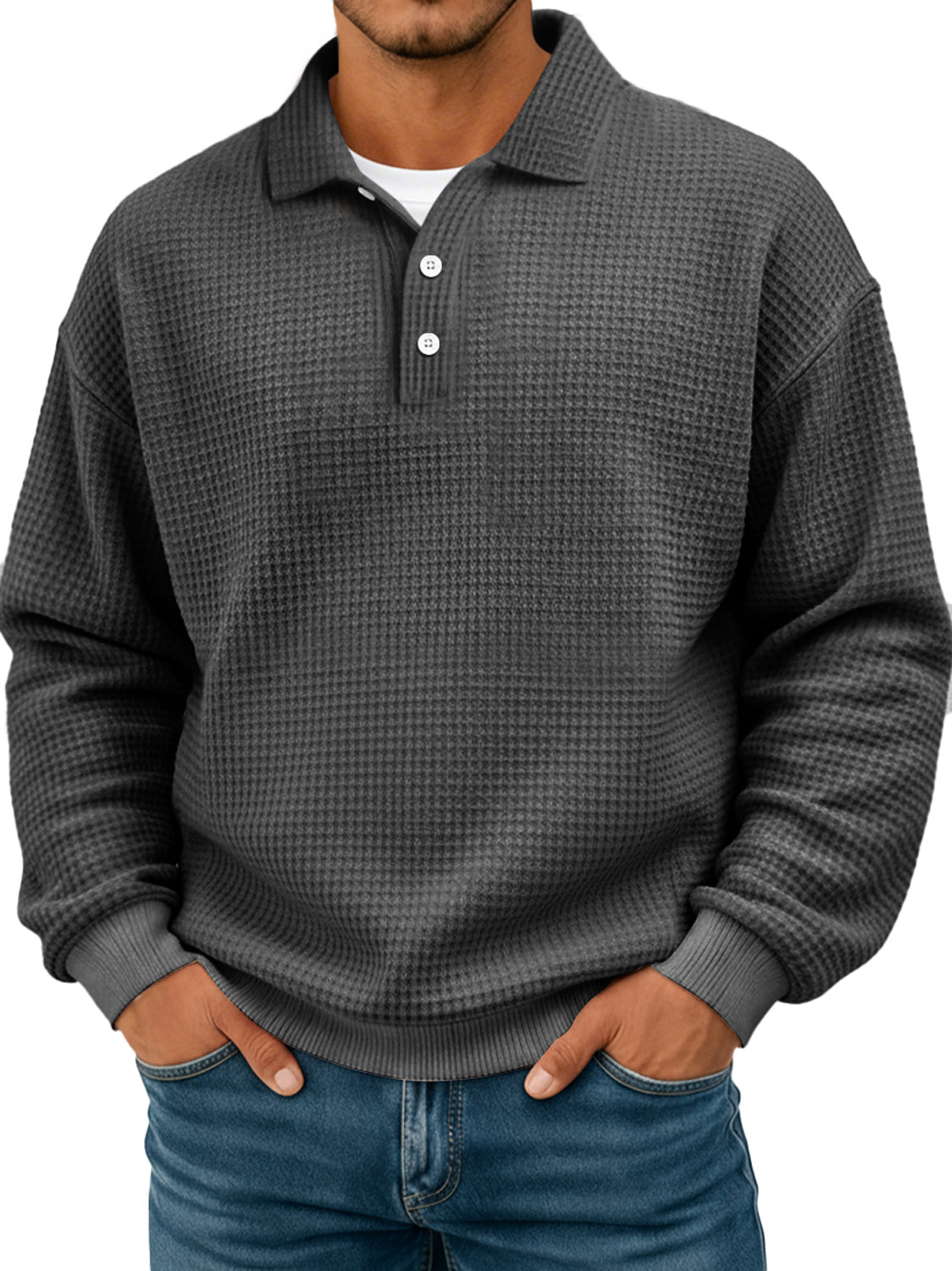 Black Friday Early Sale - Simple waffle texture lapel button casual long-sleeved POLO shirt
