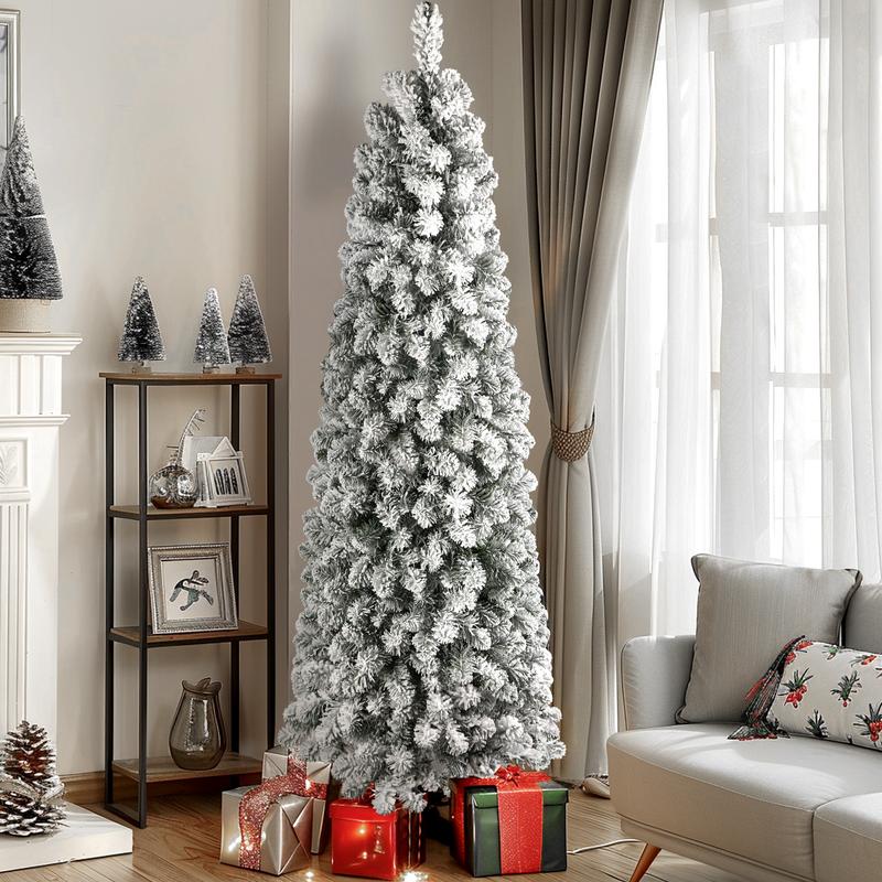 4/ 5/ 6/ 7.5/ 9FT Pre-lit Snow Flocked Slim Christmas Tree Snow Flocked Branches, Ideal Pencil Tree Decoration