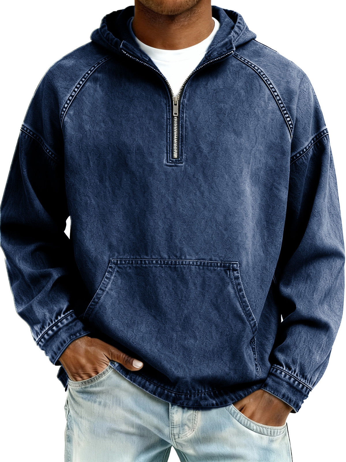 Limited-Time Deal: Save 50% Today!Men's Retro Fashion Distressed Raglan Sleeve Pocket Hooded Sweatshirt