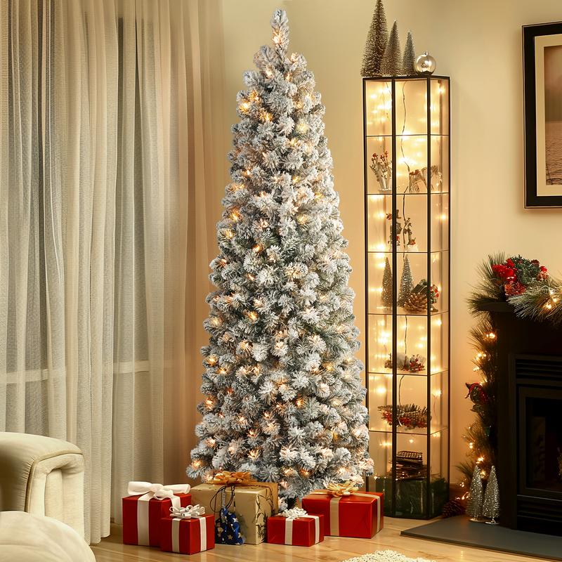 4/ 5/ 6/ 7.5/ 9FT Pre-lit Snow Flocked Slim Christmas Tree Snow Flocked Branches, Ideal Pencil Tree Decoration