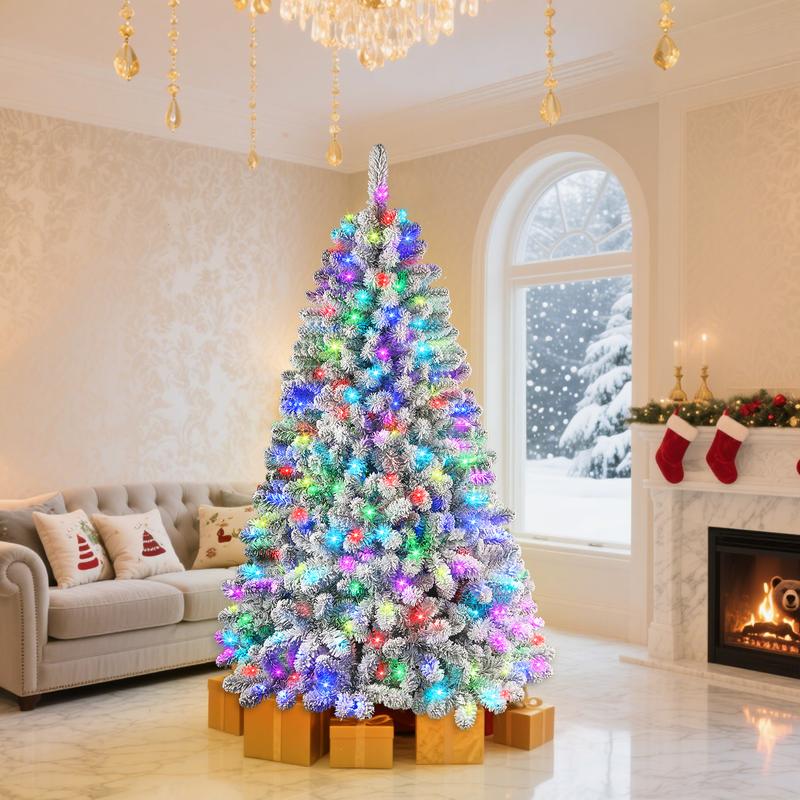 4/5/6/7.5/9FT 2025 Pre-Lit Snow Flocked Christmas Tree with Remote Control, Deluxe Hinged Design