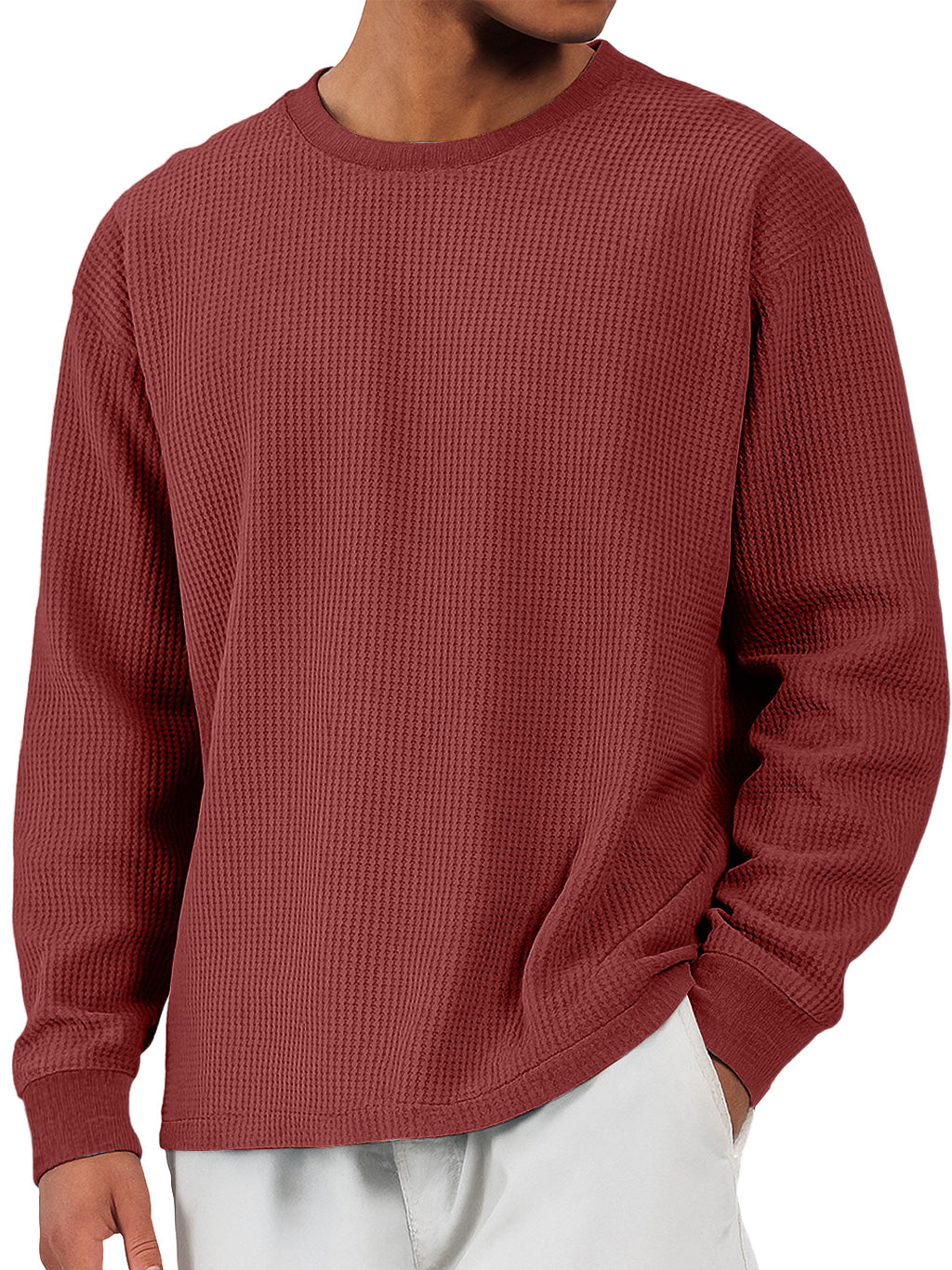 Men's Casual Waffle Crew Neck Comfortable Long Sleeve T-shirt