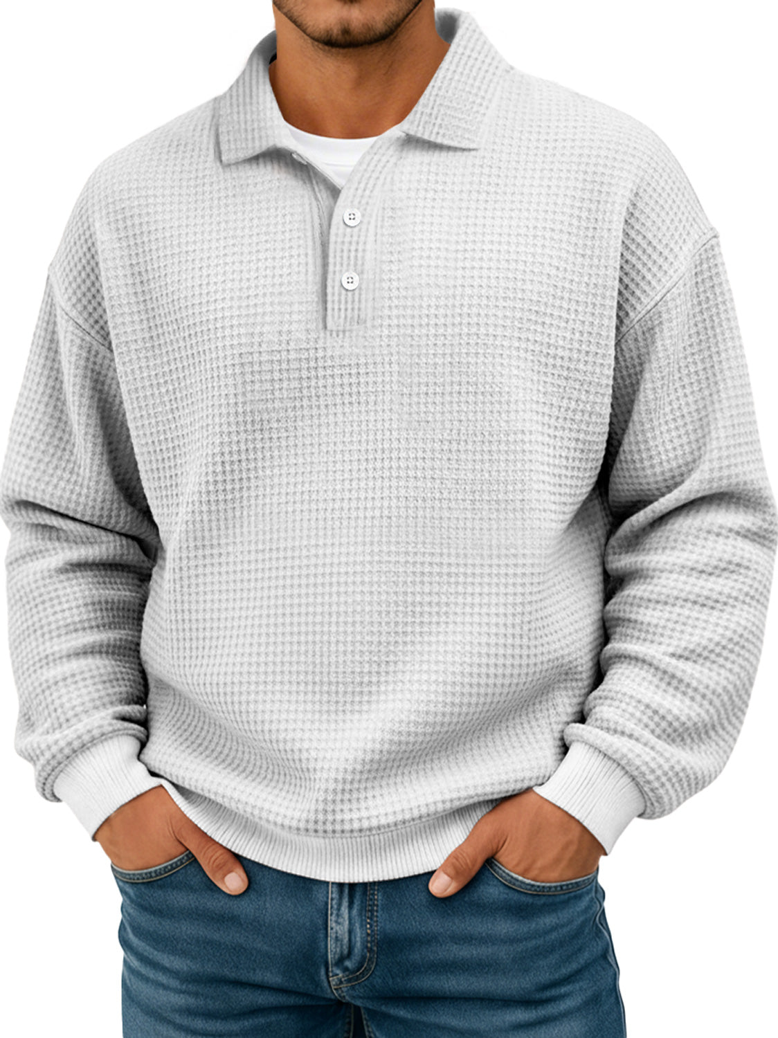Black Friday Early Sale - Simple waffle texture lapel button casual long-sleeved POLO shirt