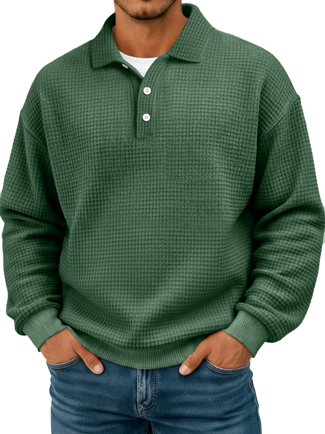 Black Friday Early Sale - Simple waffle texture lapel button casual long-sleeved POLO shirt