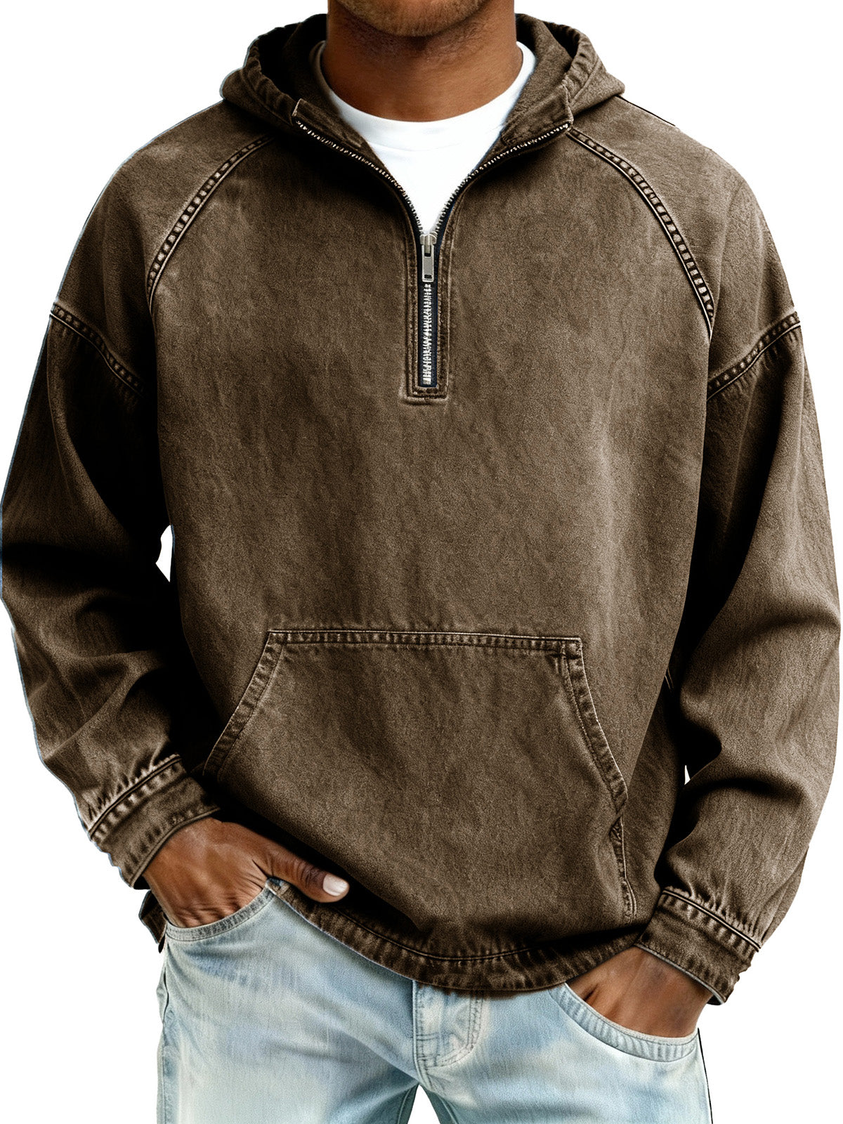 Limited-Time Deal: Save 50% Today!Men's Retro Fashion Distressed Raglan Sleeve Pocket Hooded Sweatshirt