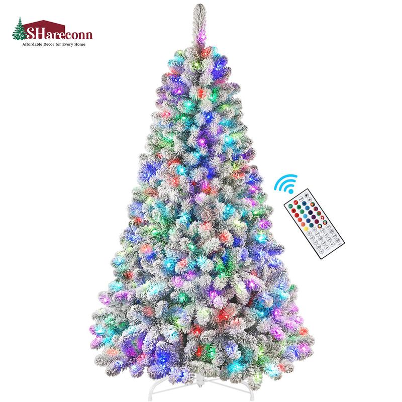 4/5/6/7.5/9FT 2025 Pre-Lit Snow Flocked Christmas Tree with Remote Control, Deluxe Hinged Design