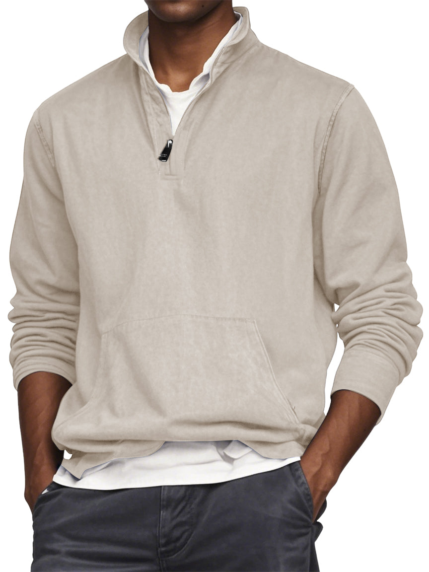 Men's Quarter Zip Pocket Washed Distressed Vintage Long Sleeve T-shirt