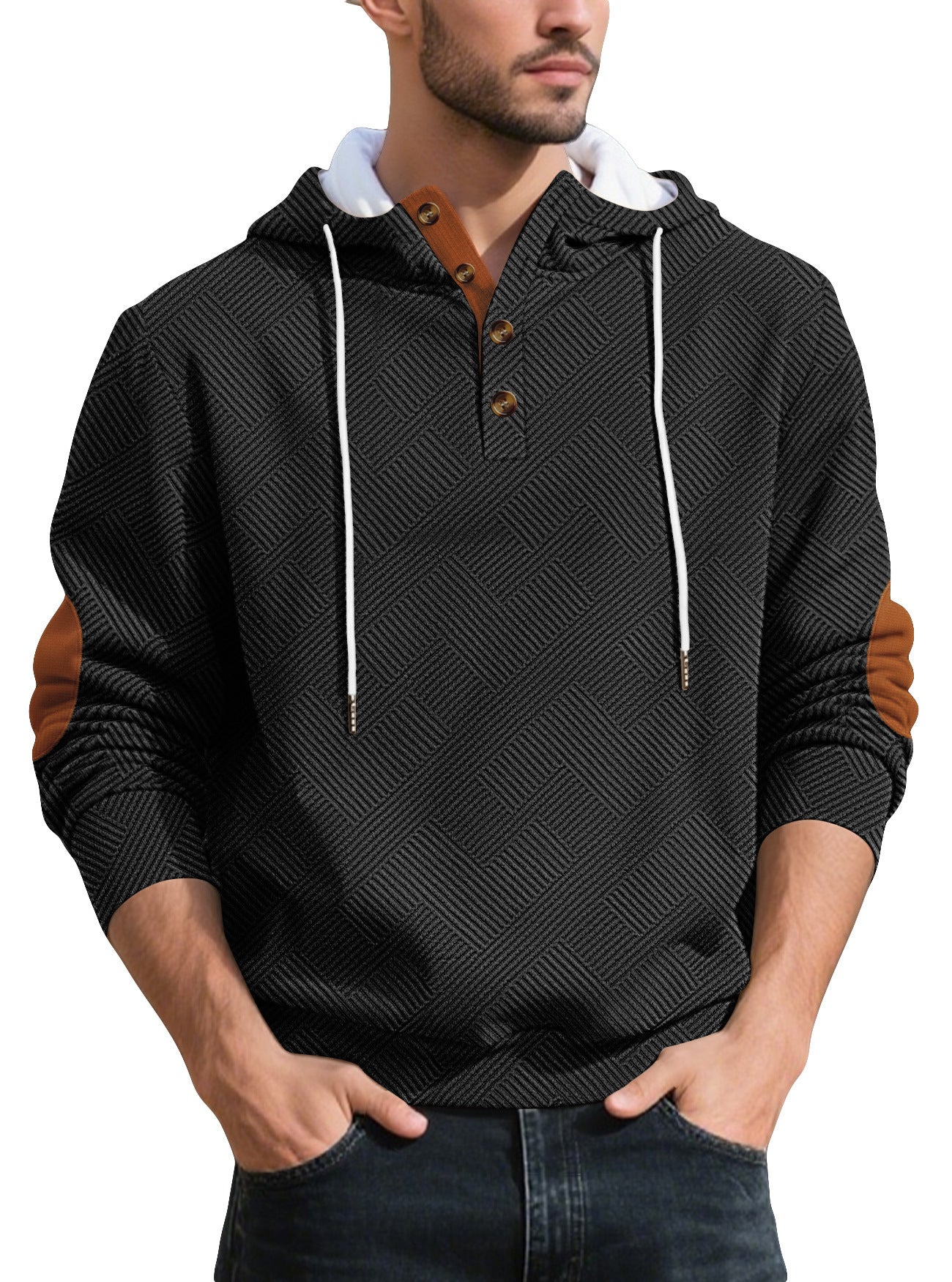 🔥Hot Sale🔥Men's loose hooded jacquard sweatshirt long sleeve sports top
