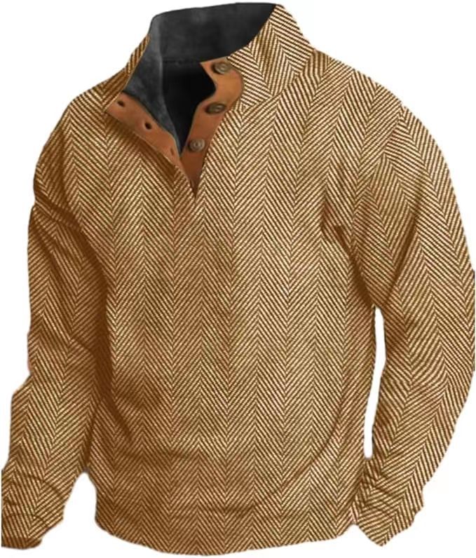 Men's Western Vintage Herringbone Print Design Stand Collar Button-Down Sweatshirt