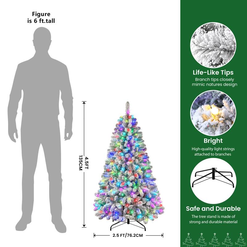 4/5/6/7.5/9FT 2025 Pre-Lit Snow Flocked Christmas Tree with Remote Control, Deluxe Hinged Design
