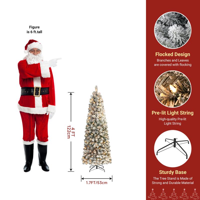 4/ 5/ 6/ 7.5/ 9FT Pre-lit Snow Flocked Slim Christmas Tree Snow Flocked Branches, Ideal Pencil Tree Decoration