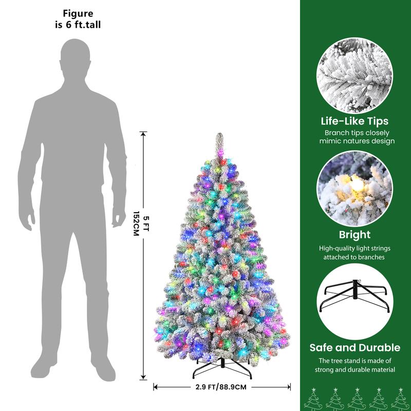 4/5/6/7.5/9FT 2025 Pre-Lit Snow Flocked Christmas Tree with Remote Control, Deluxe Hinged Design