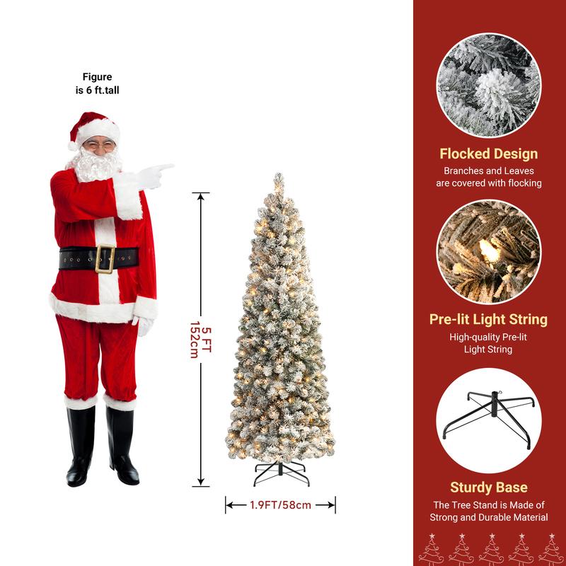 4/ 5/ 6/ 7.5/ 9FT Pre-lit Snow Flocked Slim Christmas Tree Snow Flocked Branches, Ideal Pencil Tree Decoration