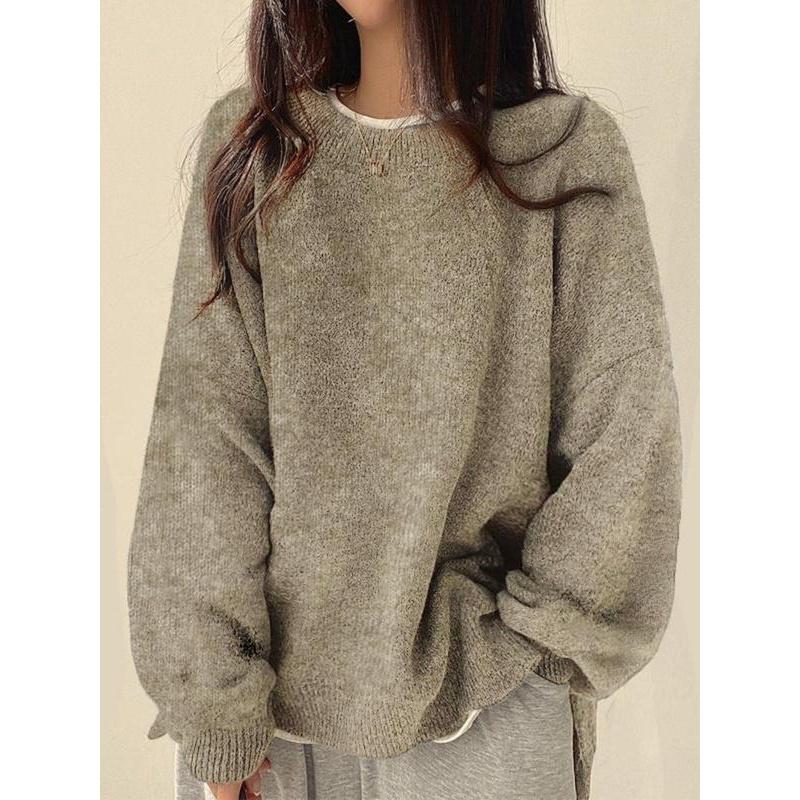 Women's Drop Shoulder Split Hem Sweater, Chic Casual Long Sleeve Round Neck Jumper