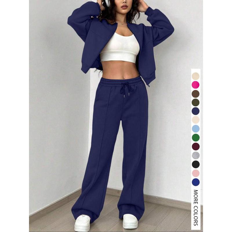 Women's Casual Striped Long Sleeve Zipper Jacket and Pants Set, All Seasons