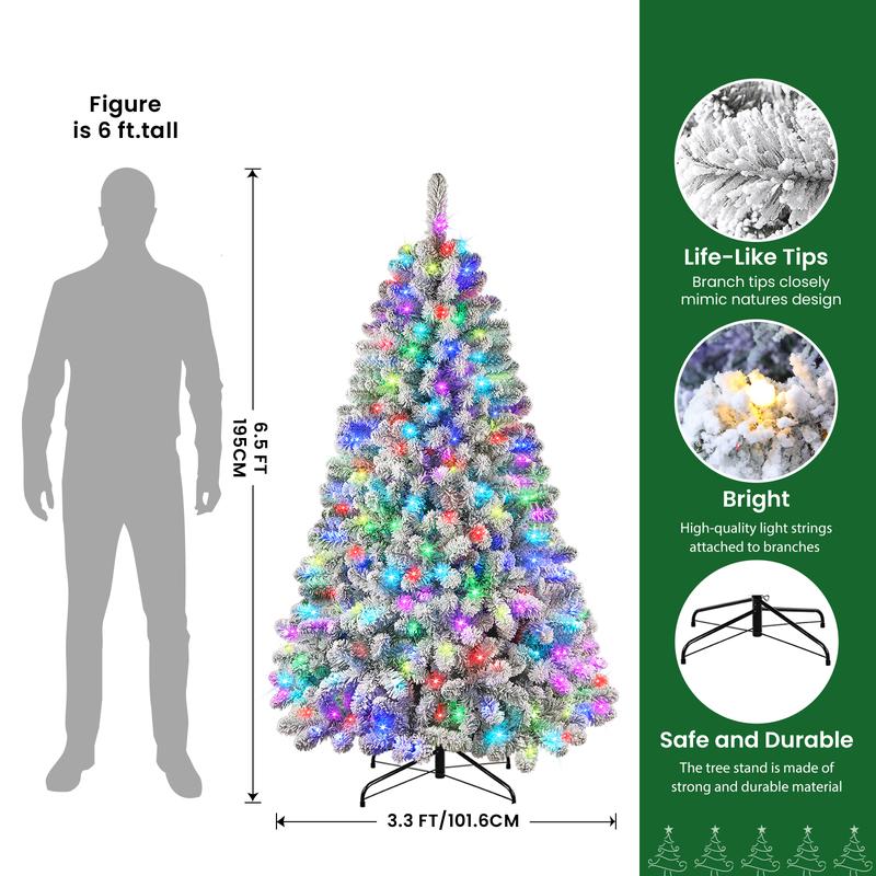4/5/6/7.5/9FT 2025 Pre-Lit Snow Flocked Christmas Tree with Remote Control, Deluxe Hinged Design