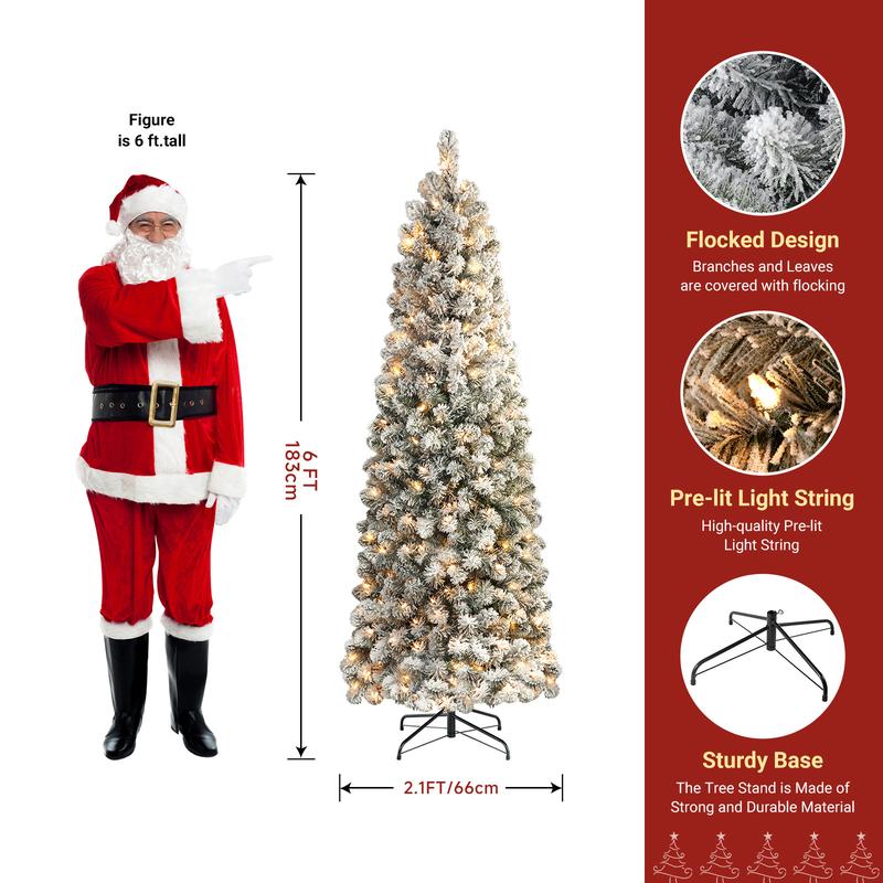 4/ 5/ 6/ 7.5/ 9FT Pre-lit Snow Flocked Slim Christmas Tree Snow Flocked Branches, Ideal Pencil Tree Decoration