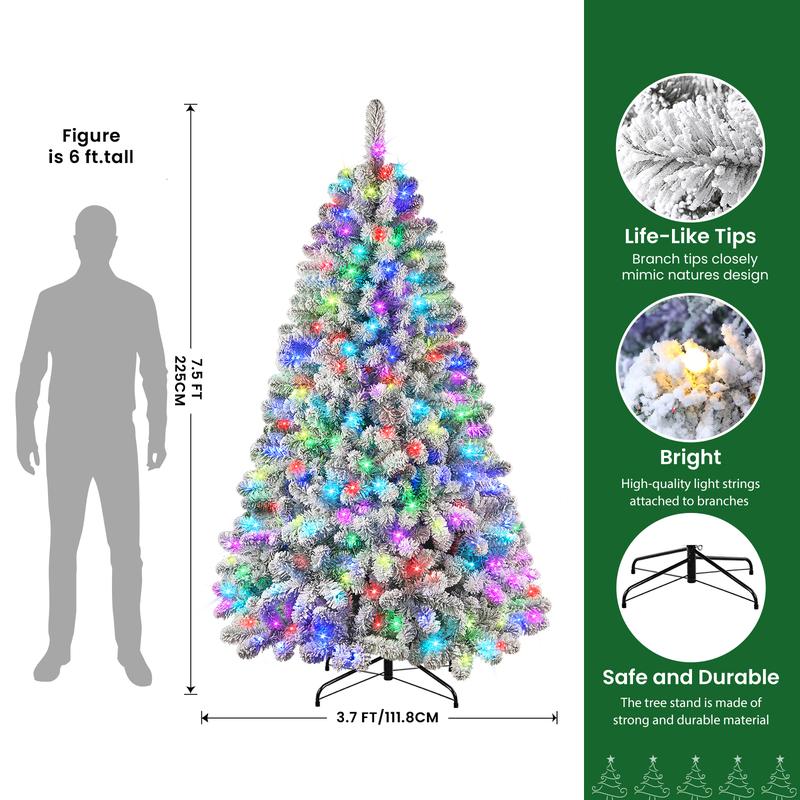 4/5/6/7.5/9FT 2025 Pre-Lit Snow Flocked Christmas Tree with Remote Control, Deluxe Hinged Design