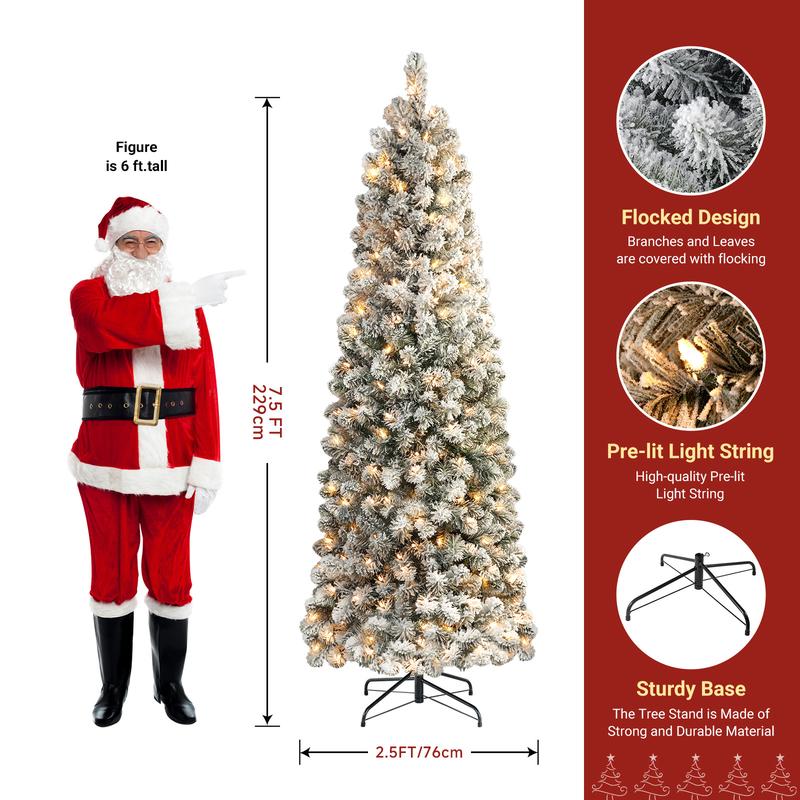 4/ 5/ 6/ 7.5/ 9FT Pre-lit Snow Flocked Slim Christmas Tree Snow Flocked Branches, Ideal Pencil Tree Decoration