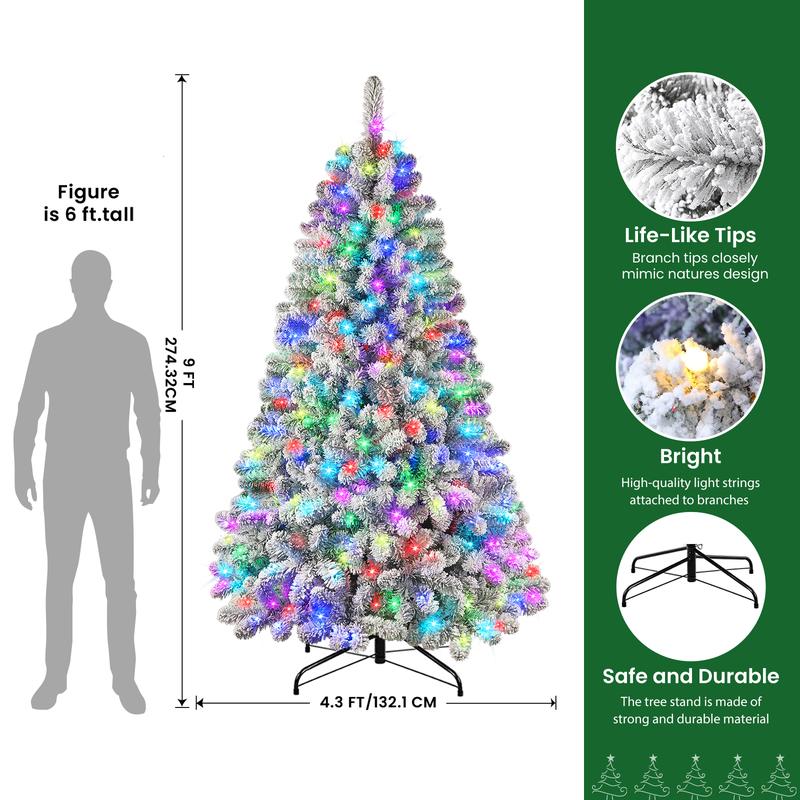 4/5/6/7.5/9FT 2025 Pre-Lit Snow Flocked Christmas Tree with Remote Control, Deluxe Hinged Design