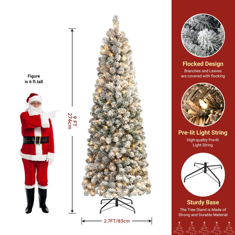 4/ 5/ 6/ 7.5/ 9FT Pre-lit Snow Flocked Slim Christmas Tree Snow Flocked Branches, Ideal Pencil Tree Decoration