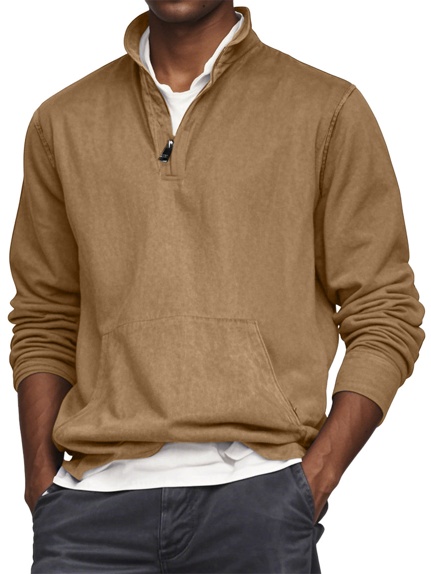 Men's Quarter Zip Pocket Washed Distressed Vintage Long Sleeve T-shirt